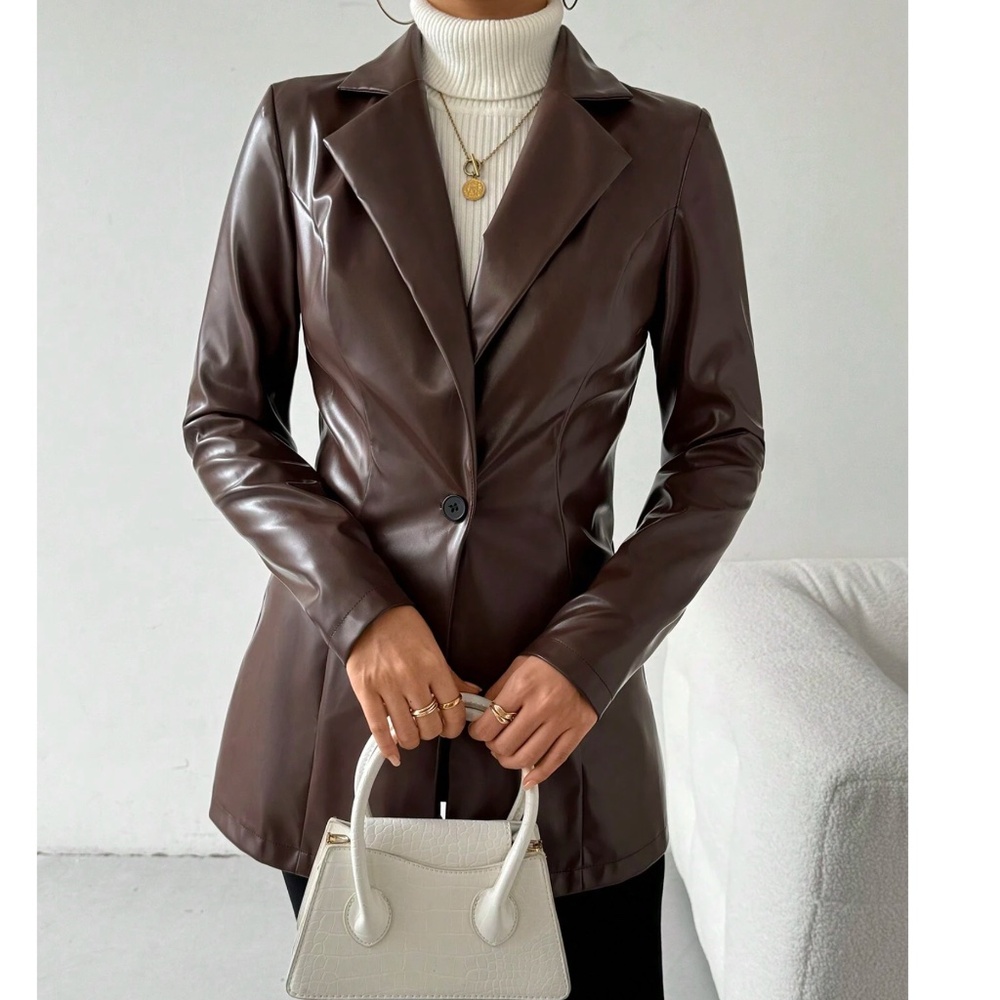 Luxe Burgundy  Vegan Leather Button Blazer Jacket Coat - Picture 2 of 9